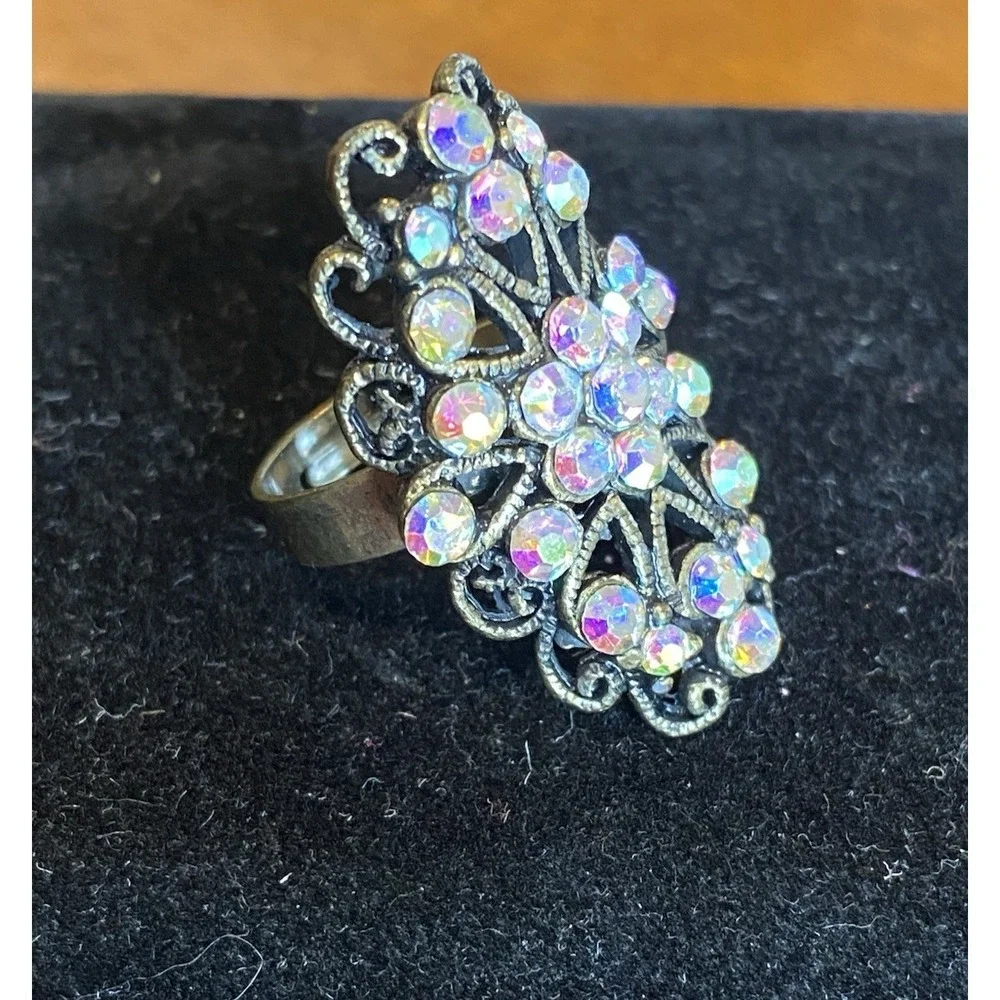 Aurora Borealis Rhinestone Oval Cluster Adjustable Vintage Ring 1.25 inches long